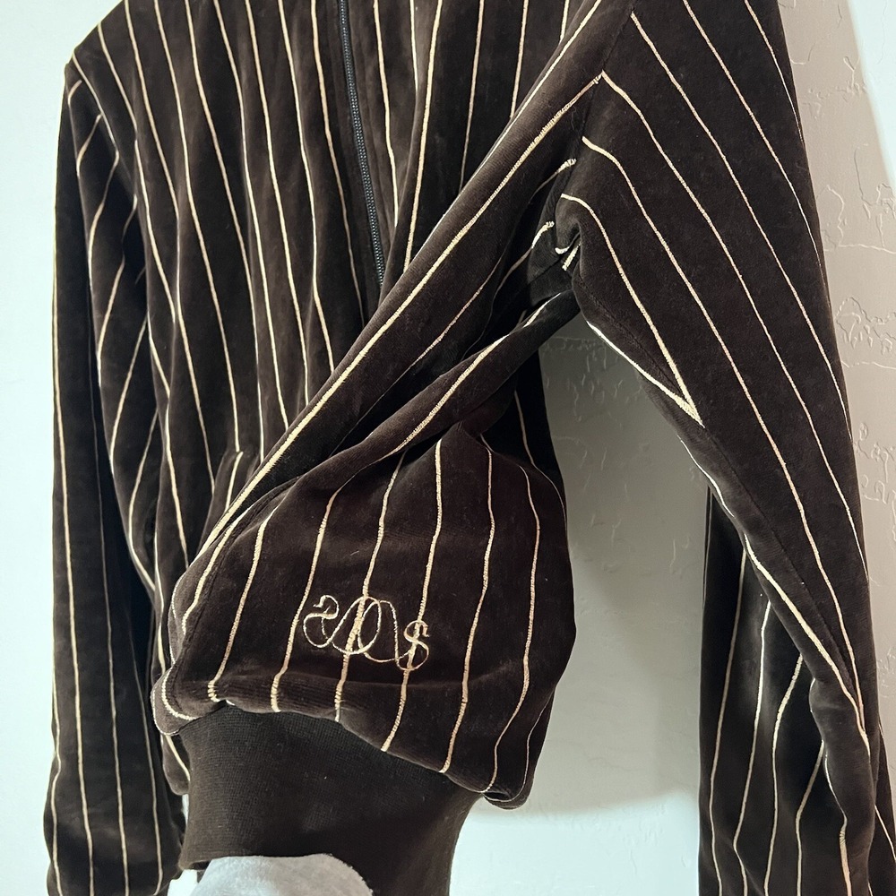 Stussy Velour Waffle Lined Zip Up Jacket Coat Stripe Y2K Zippered Hood Sz Large - Picture 3 of 16